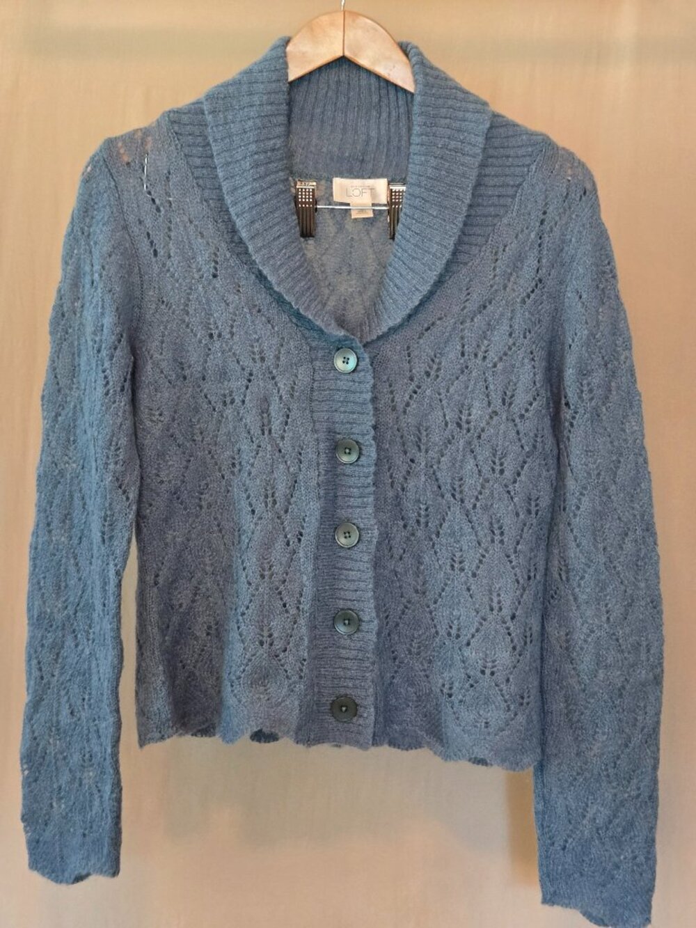 LOFT Dusty Blue Open Lace Knit Mohair Cardigan w Ribbed Shawl Style Collar M